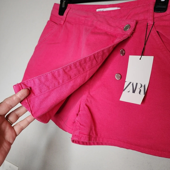 NWT Zara Hot Pink Denim Asymmetrical Skort Wrap Front Size Medium - Picture 5 of 15